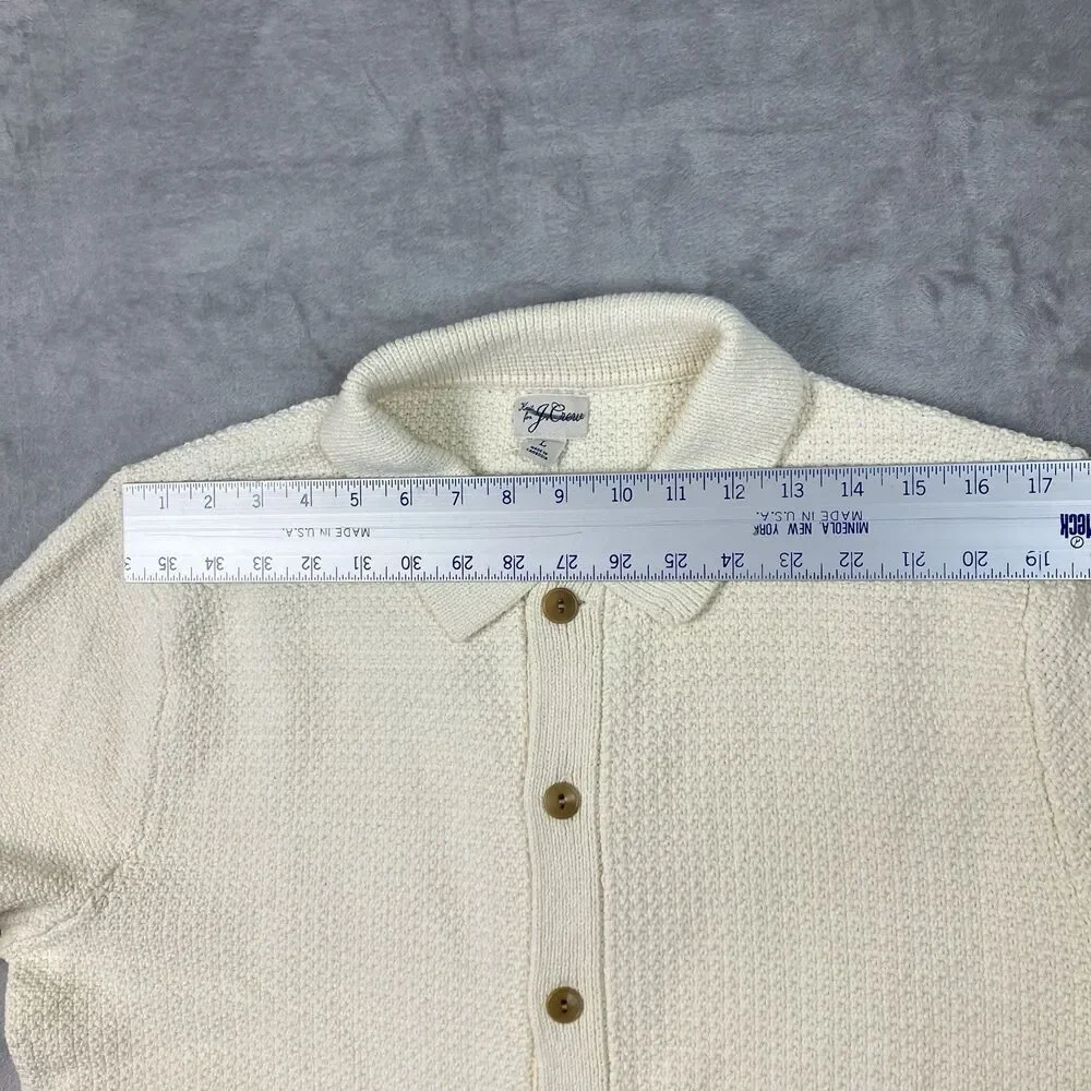 J Crew Polo Cardigan Mens L Cream Short Sleeve Cotton Waffle Knit Preppy CQ900